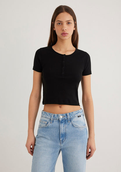 Half Button Black Basic T-Shirt