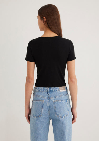 Half Button Black Basic T-Shirt