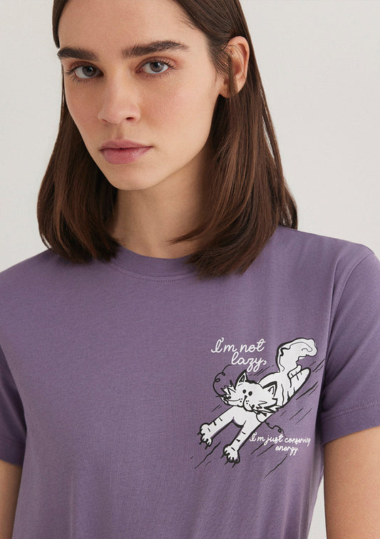 Cat Printed Purple T-Shirt