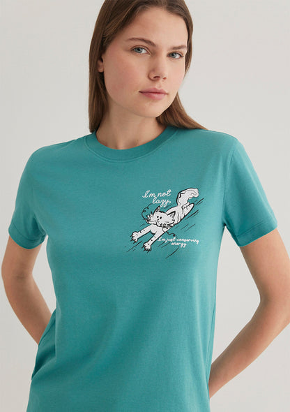 Cat Printed Blue T-Shirt