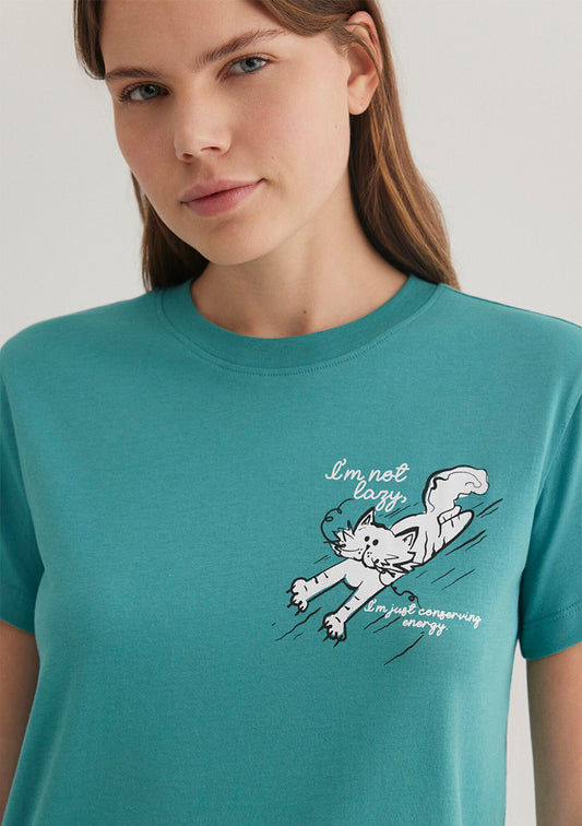 Cat Printed Blue T-Shirt