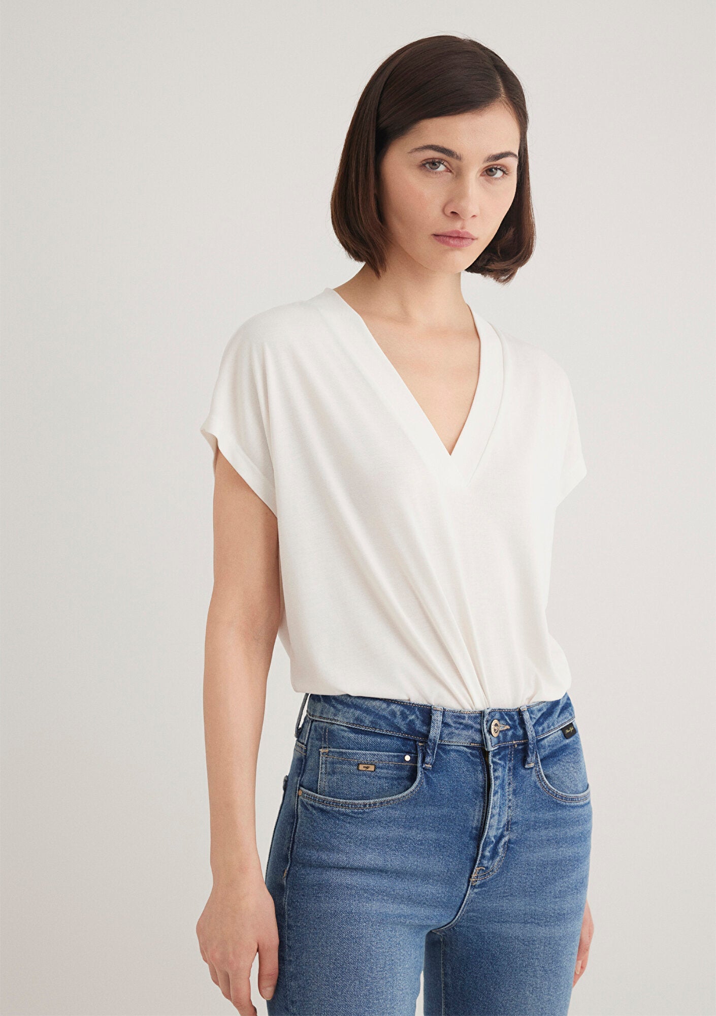 Lux Touch Tencel TM V Neck Ecru Modal T-Shirt