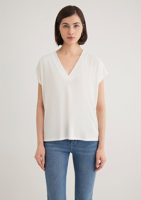 Lux Touch Tencel TM V Neck Ecru Modal T-Shirt