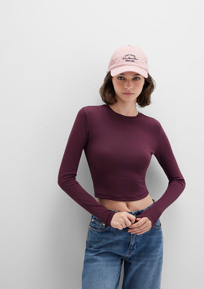 Burgundy Long Sleeve Crop Basic T-Shirt