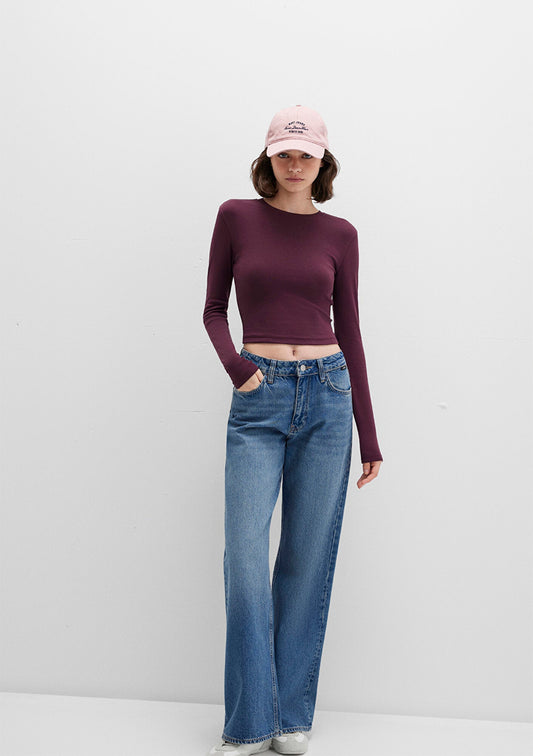 Burgundy Long Sleeve Crop Basic T-Shirt