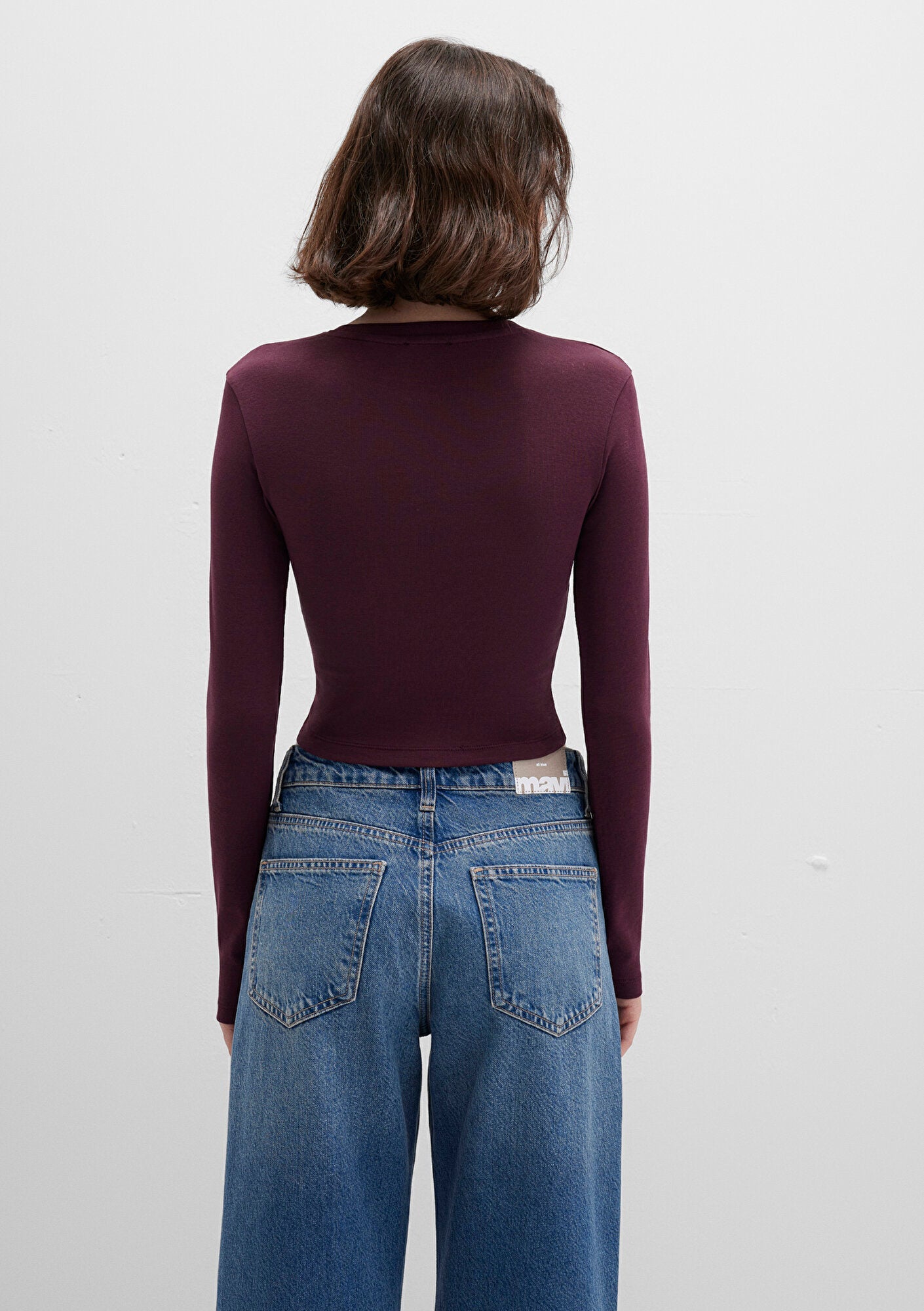 Burgundy Long Sleeve Crop Basic T-Shirt