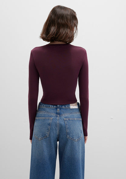Burgundy Long Sleeve Crop Basic T-Shirt