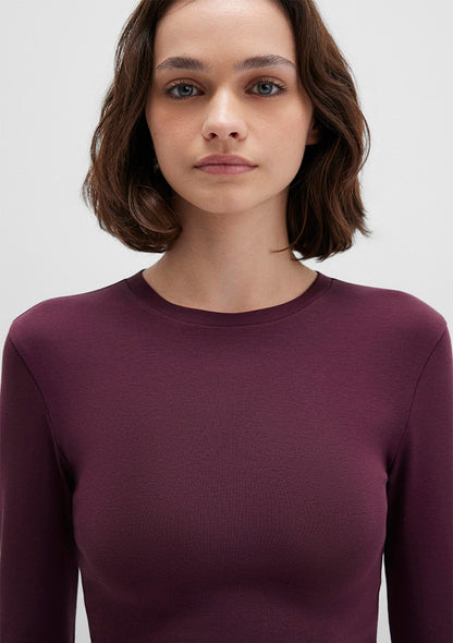 Burgundy Long Sleeve Crop Basic T-Shirt