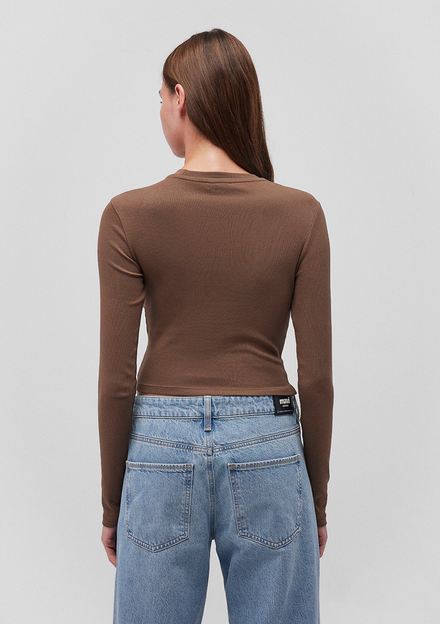 Brown Long Sleeve Crop Basic T-Shirt