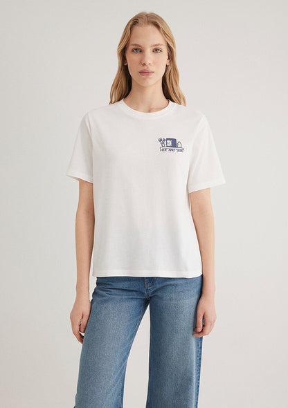 Cat Printed Ecru T-shirt