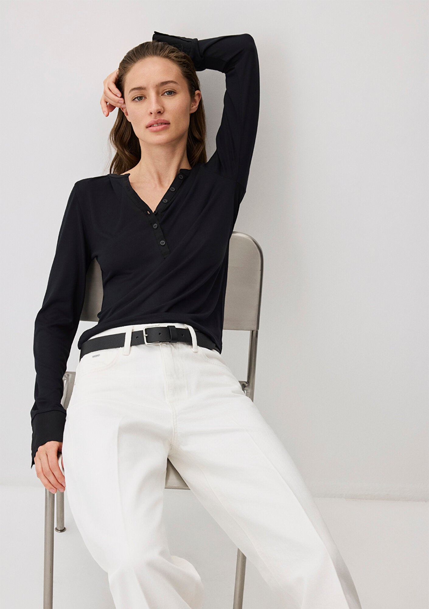 Black Modal Blend Long-Sleeve Basic T-Shirt