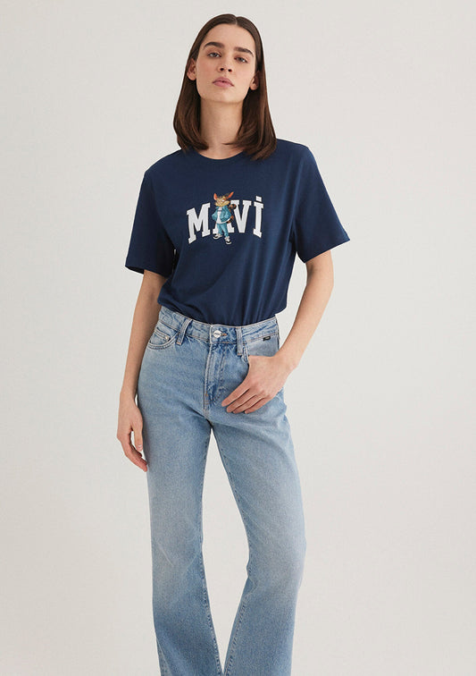 Cat Logo Printed Navy Blue T-shirt