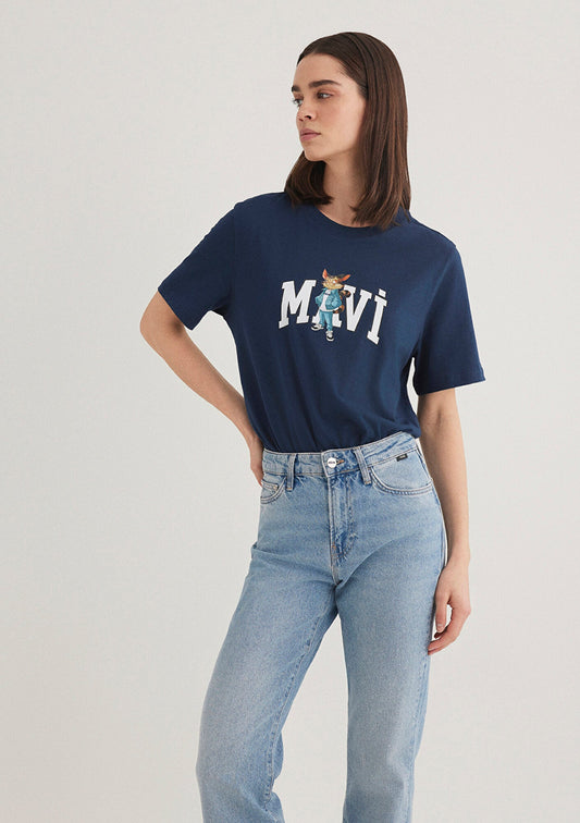 Cat Logo Printed Navy Blue T-shirt