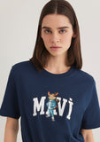 Cat Logo Printed Navy Blue T-shirt