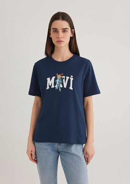 Cat Logo Printed Navy Blue T-shirt