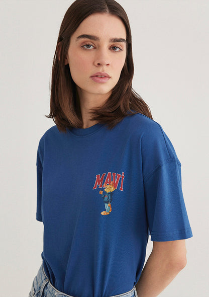 Cat Logo Printed Navy Blue T-shirt