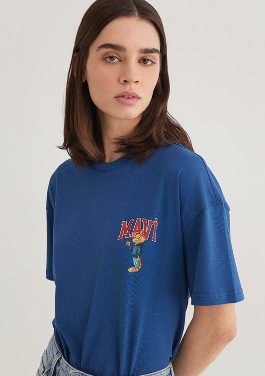 Cat Logo Printed Navy Blue T-shirt