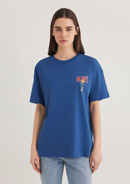 Cat Logo Printed Navy Blue T-shirt