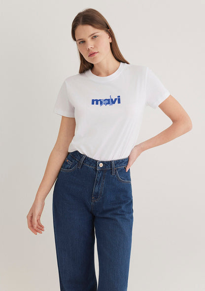 Blue Printed White T-Shirt