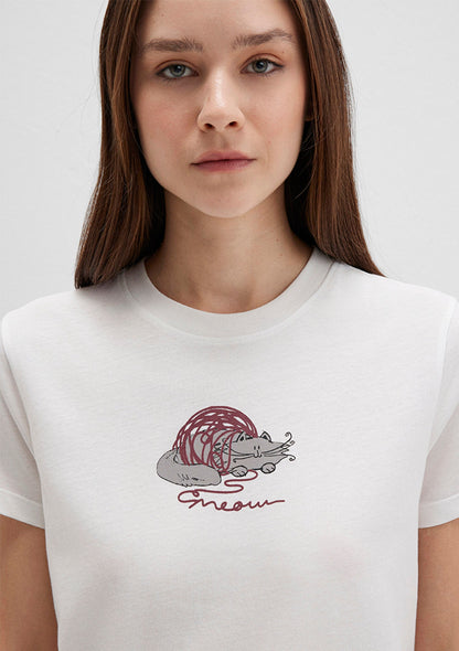 Cat Printed White T-Shirt