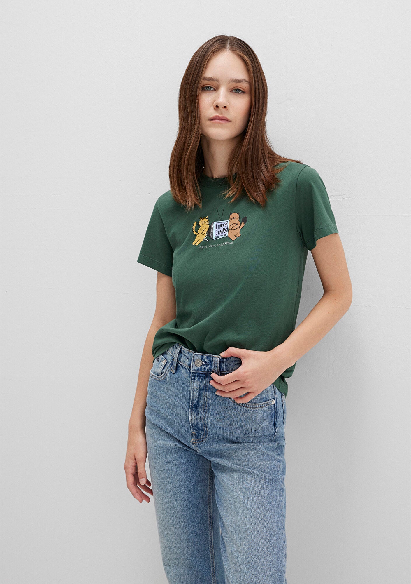 Cat Printed Green T-Shirt