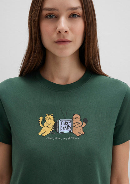 Cat Printed Green T-Shirt