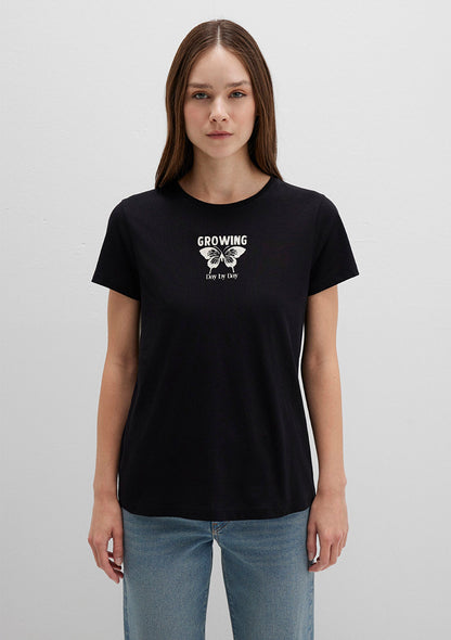 Flower Printed Black T-Shirt