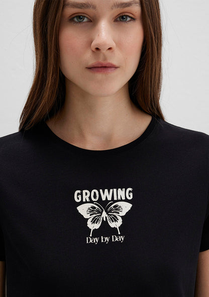 Flower Printed Black T-Shirt