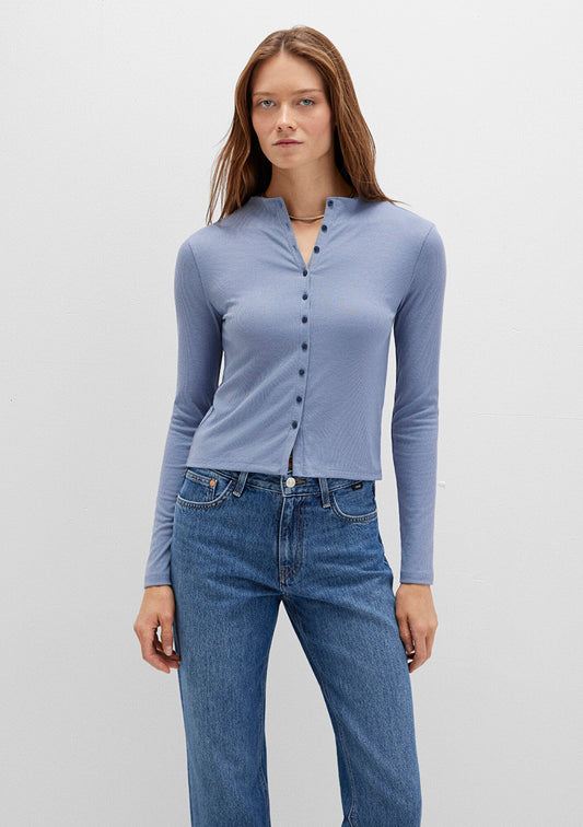 Button Detailed Blue T-Shirt