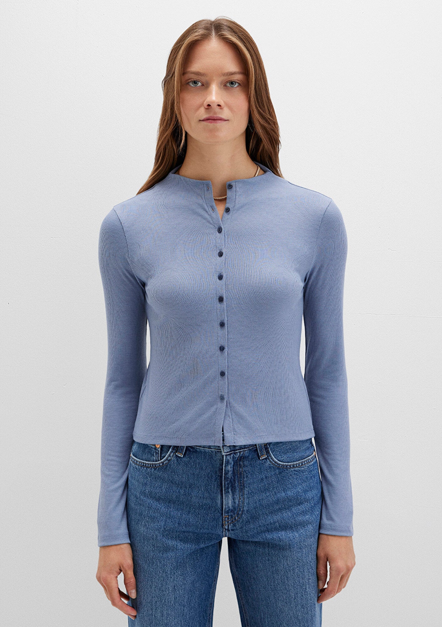 Button Detailed Blue T-Shirt