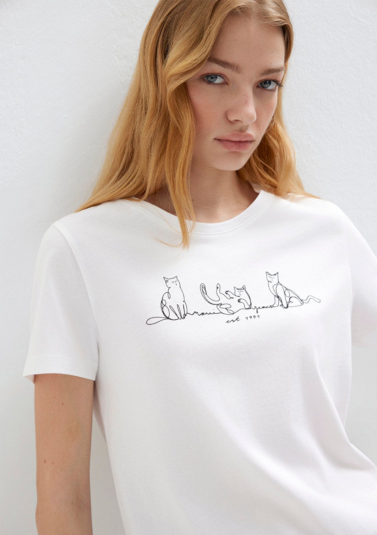 Cat Printed White T-Shirt