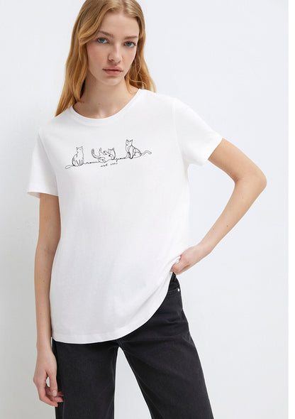 Cat Printed White T-Shirt