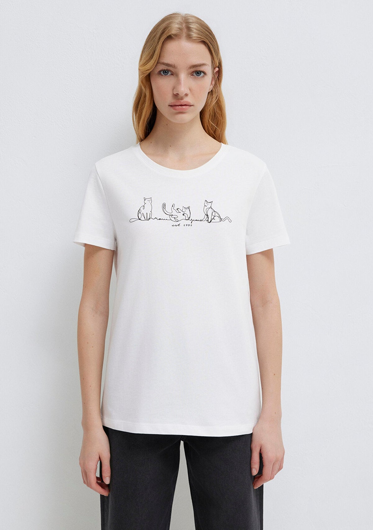 Cat Printed White T-Shirt