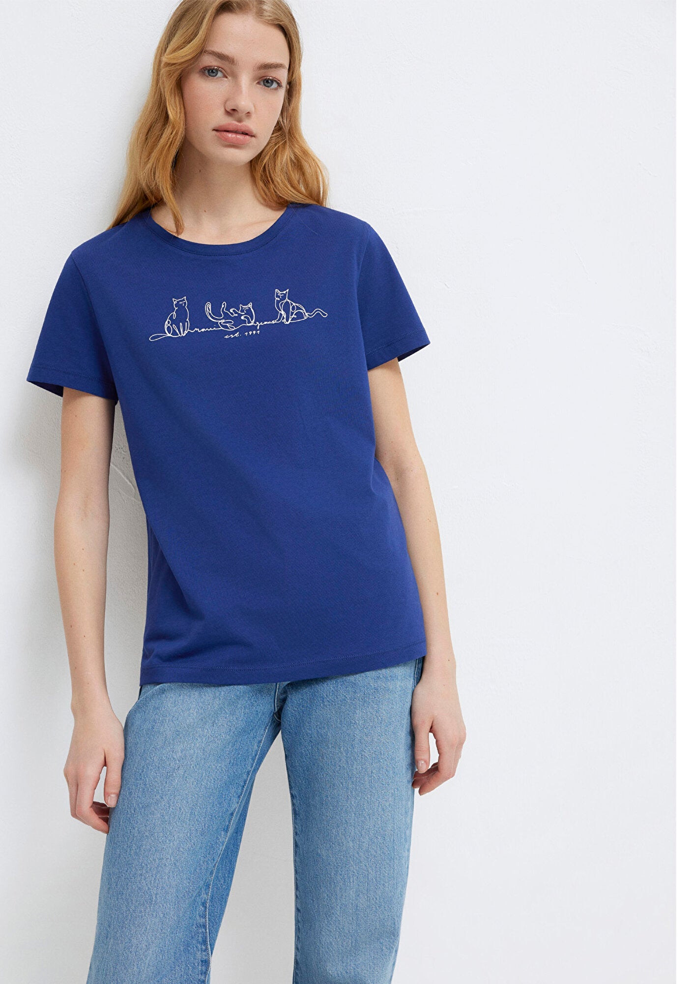 Cat Printed Navy T-Shirt