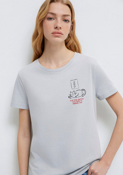 Cat Printed Grey T-Shirt