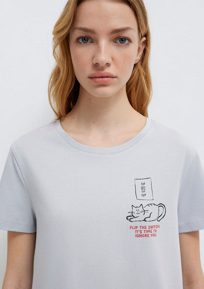 Cat Printed Grey T-Shirt