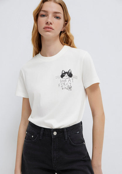 Cat Printed Ecru T-Shirt