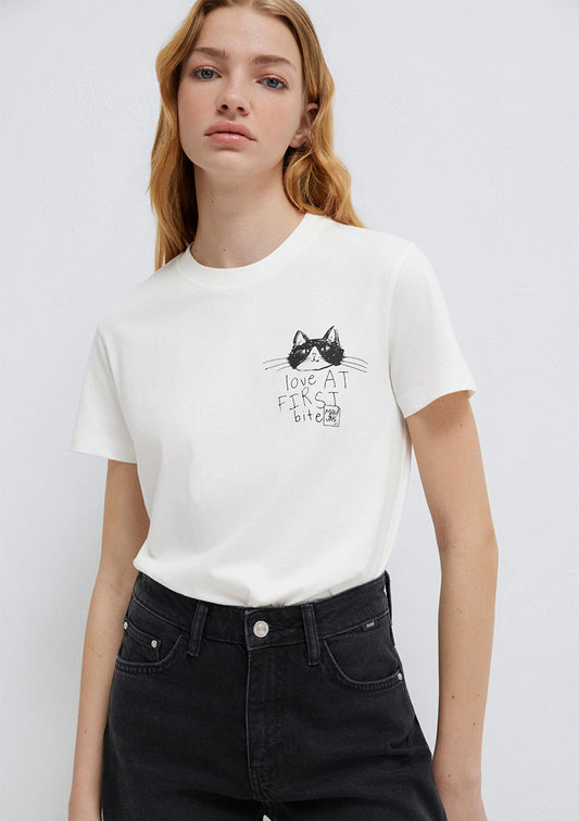 Cat Printed Ecru T-Shirt
