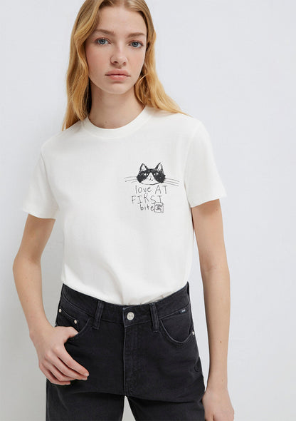 Cat Printed Ecru T-Shirt