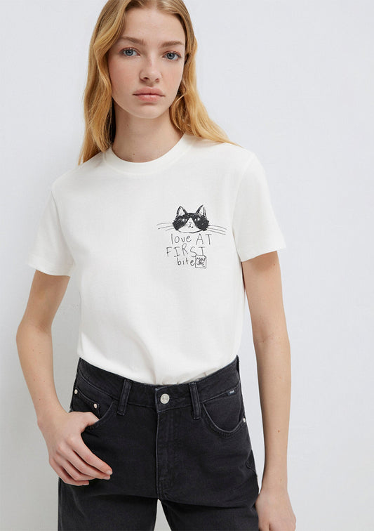 Cat Printed Ecru T-Shirt