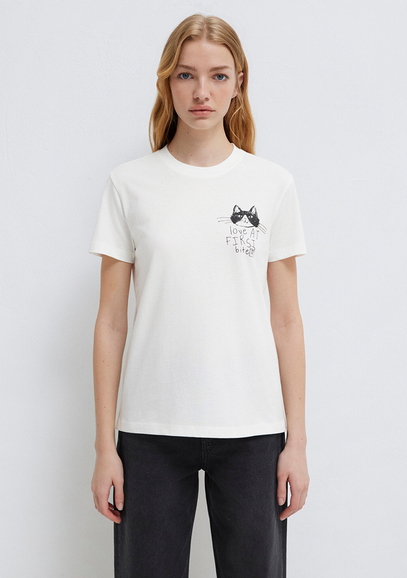 Cat Printed Ecru T-Shirt