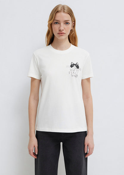 Cat Printed Ecru T-Shirt