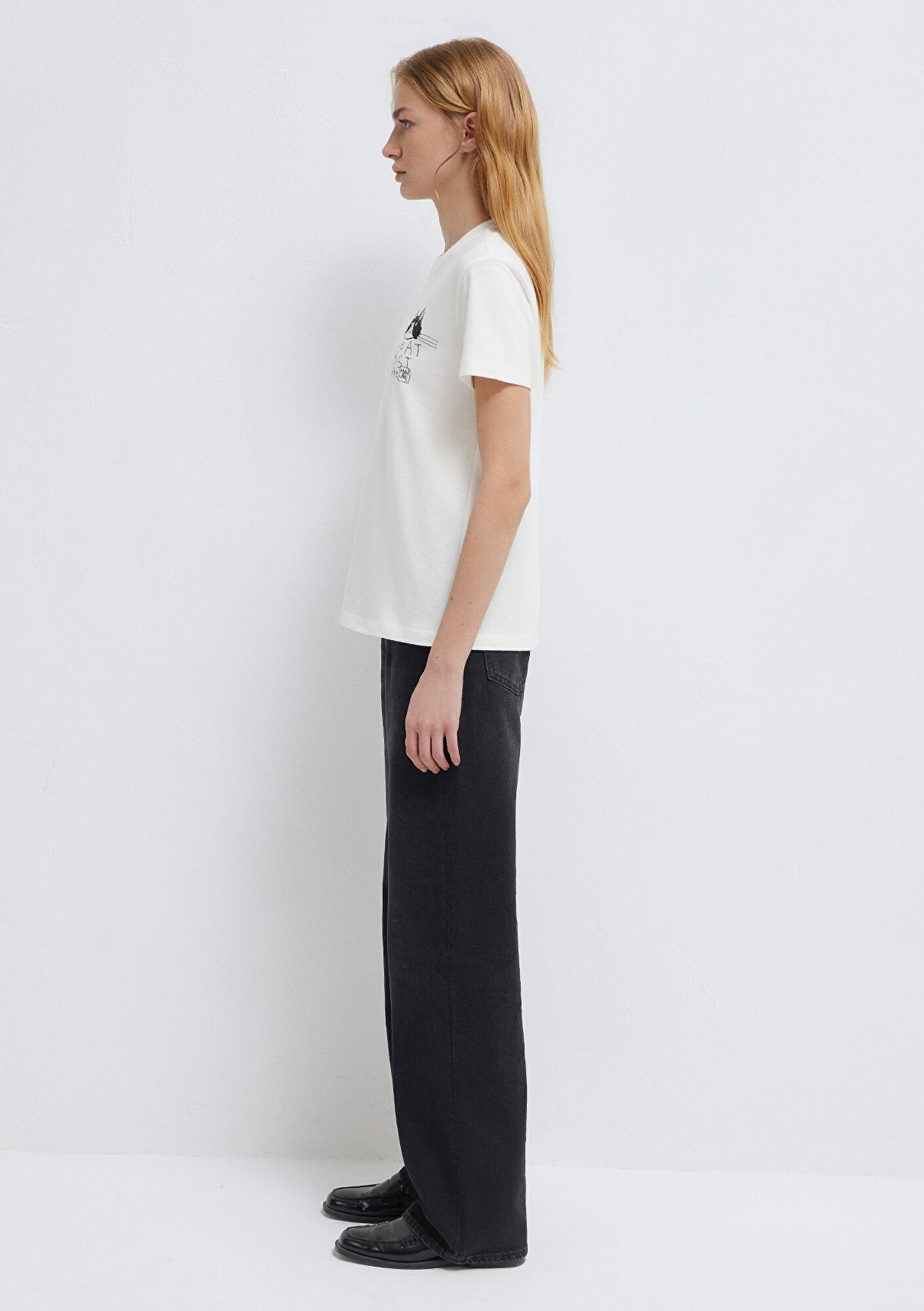 Cat Printed Ecru T-Shirt