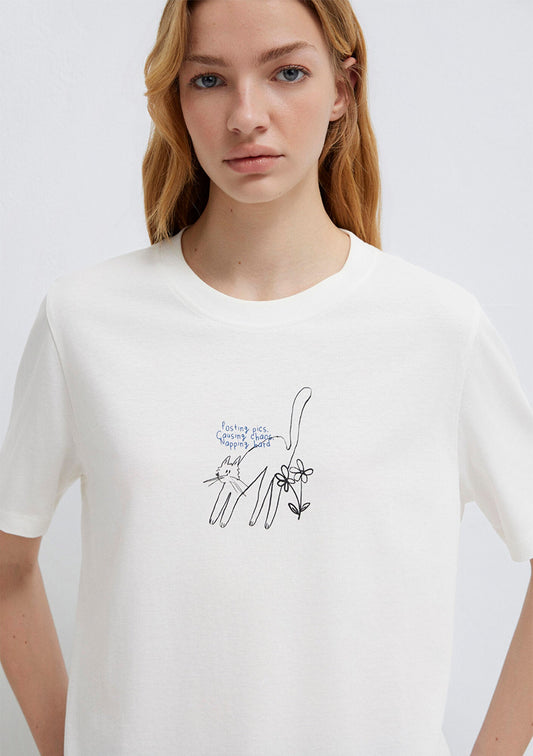 Cat Printed Ecru T-Shirt