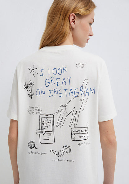 Cat Printed Ecru T-Shirt