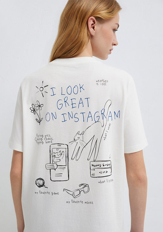 Cat Printed Ecru T-Shirt