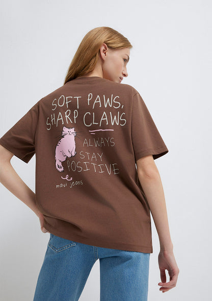Cat Printed Brown T-Shirt