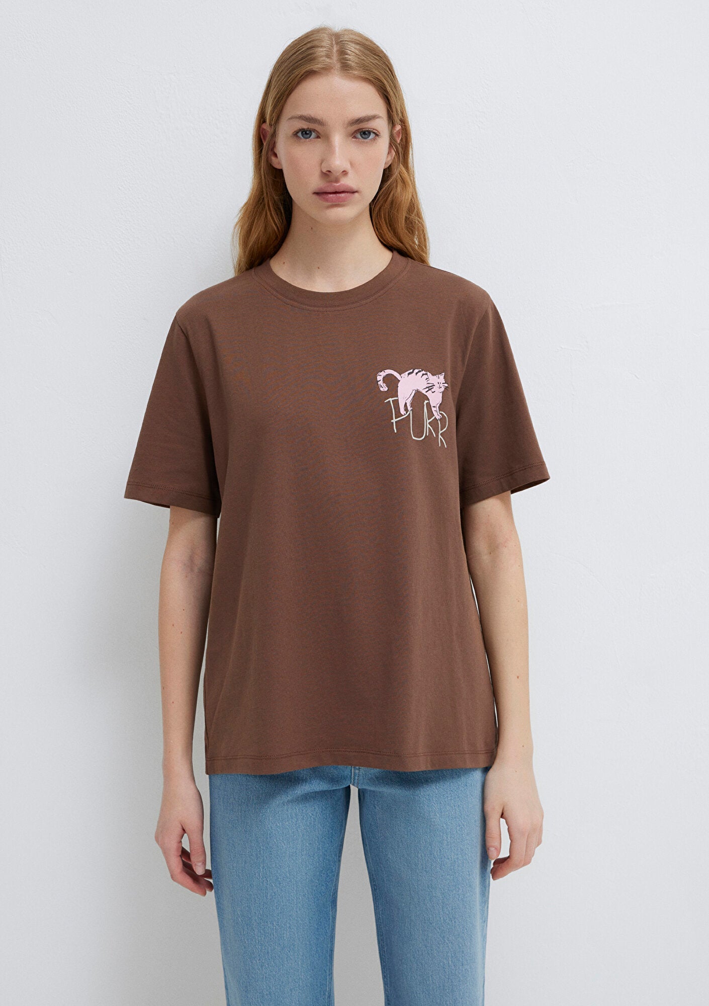 Cat Printed Brown T-Shirt