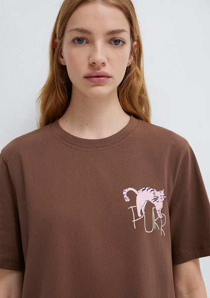 Cat Printed Brown T-Shirt