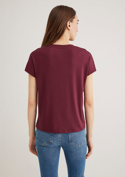 V Neck Burgundy Basic T-Shirt